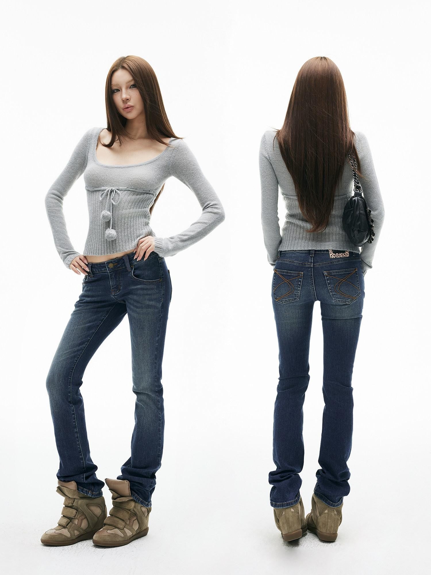 iamxiaa Vintage Wash Retro Low Rise Straight Flare Women&