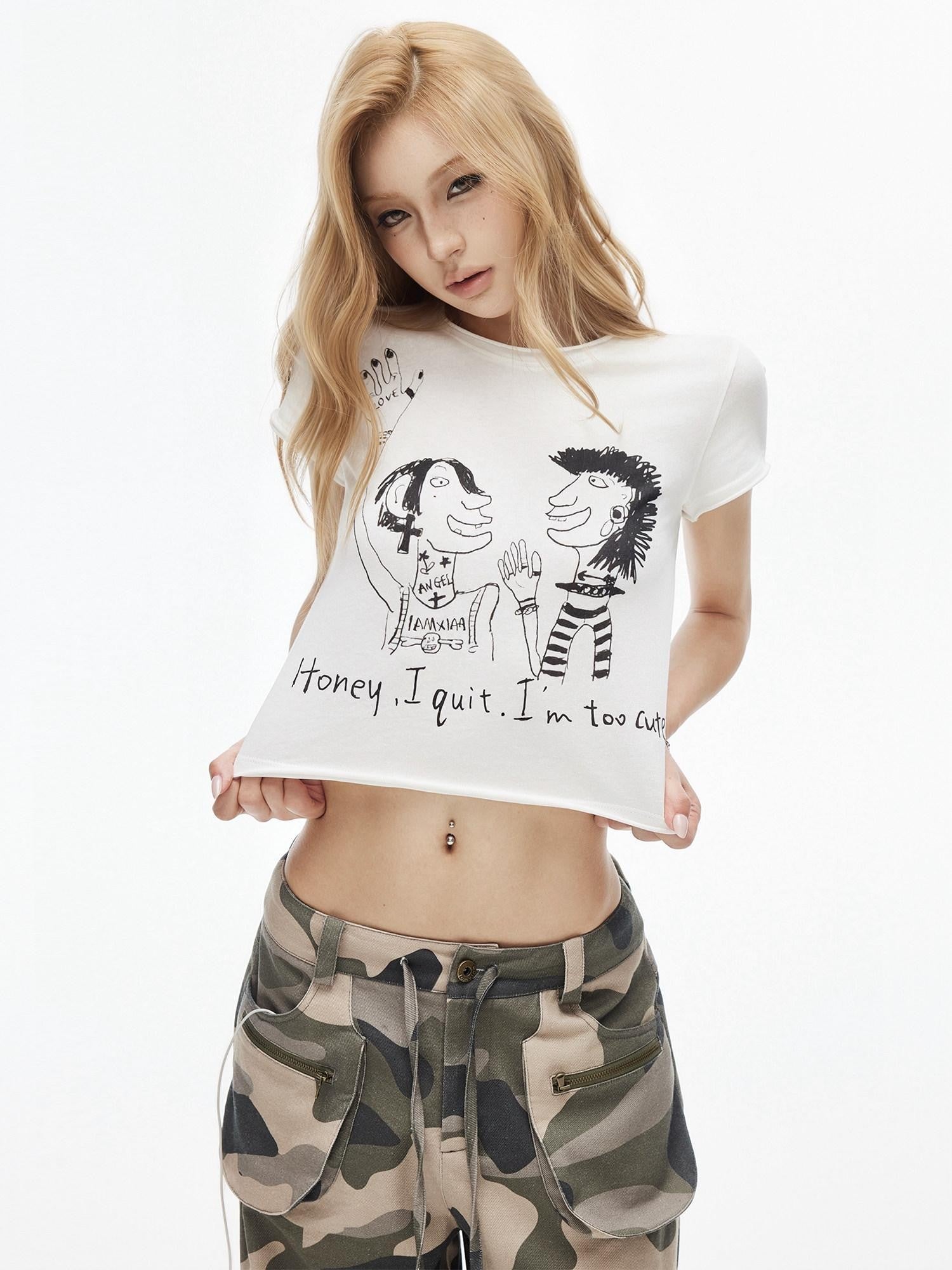 iamxiaa Visual Graffiti Print Rolled Hem Crewneck Women&