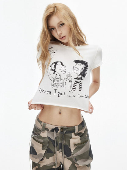 iamxiaa Visual Graffiti Print Rolled Hem Crewneck Women&