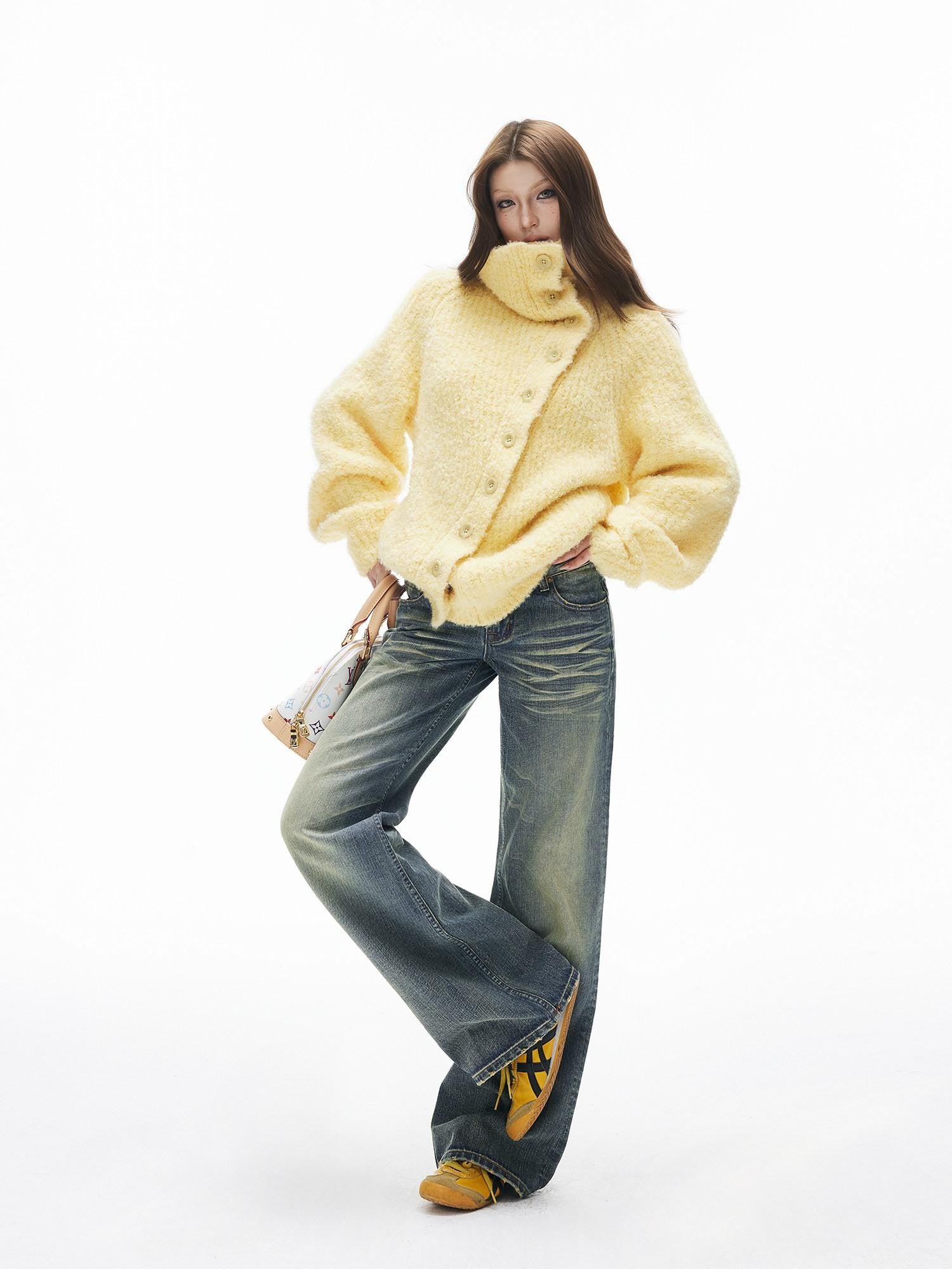 iamxiaa Warm Goose Yellow 3d Loop Multicolor Stand Collar Women&