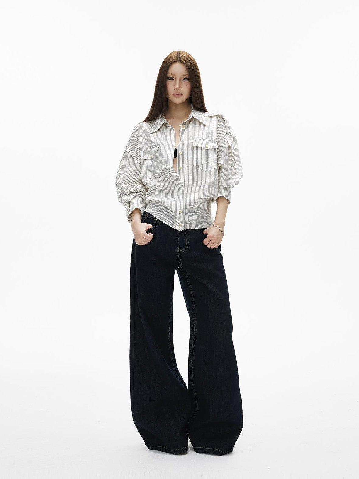 iamxiaa Washed Contrast Stitch Pocket Cotton Women&
