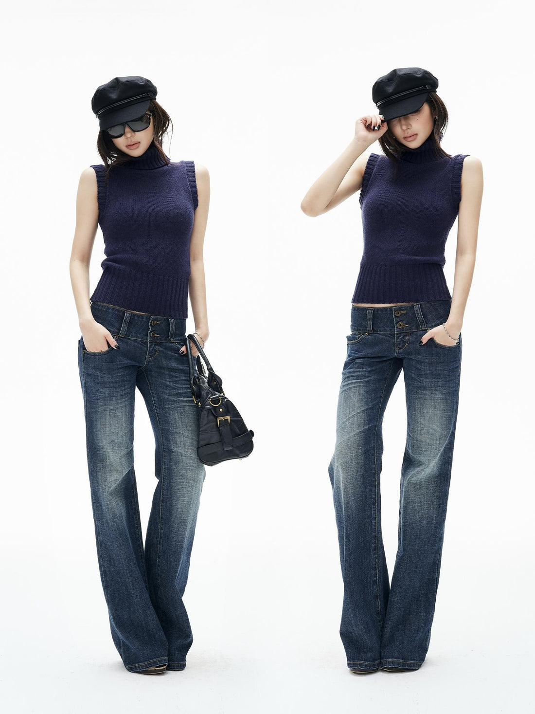 iamxiaa Washed Dark Blue Low Waist Pocket Women&