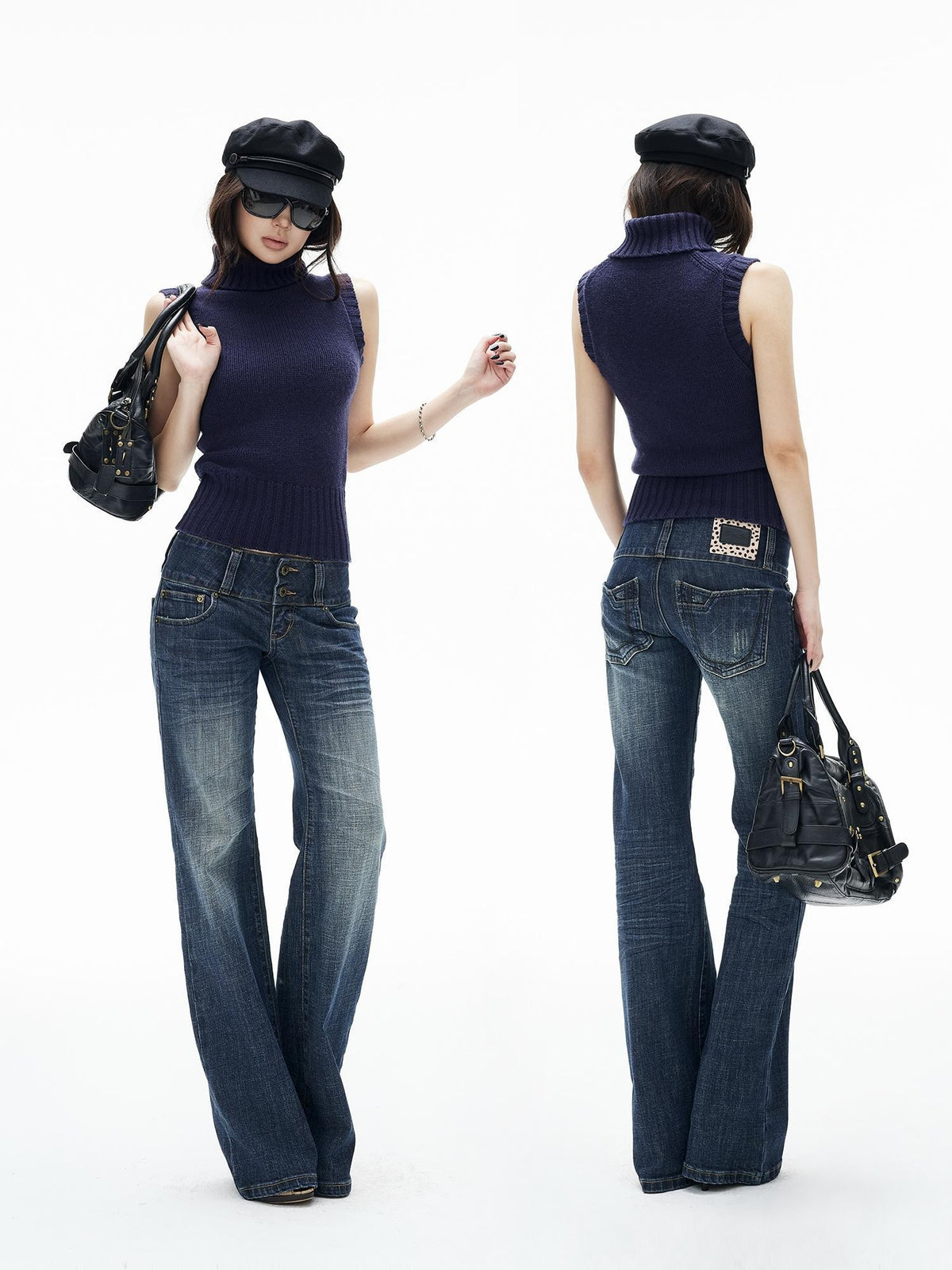 iamxiaa Washed Dark Blue Low Waist Pocket Women&