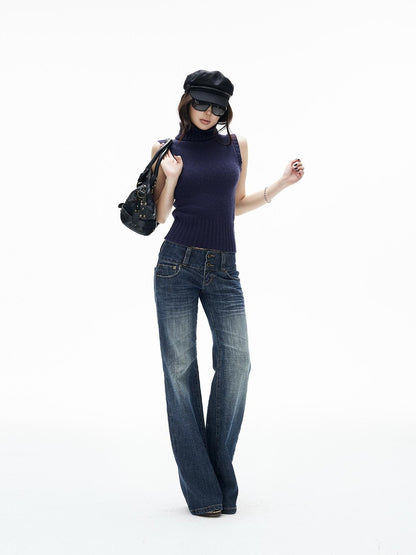 iamxiaa Washed Dark Blue Low Waist Pocket Women&