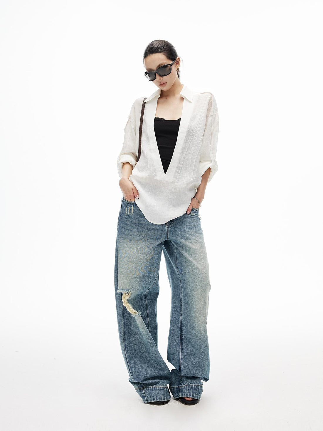 iamxiaa Washed Distressed Low Rise Cotton Twill Women&