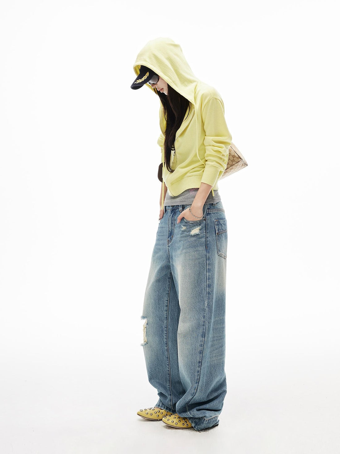 iamxiaa Washed Distressed Low Rise Cotton Twill Women&