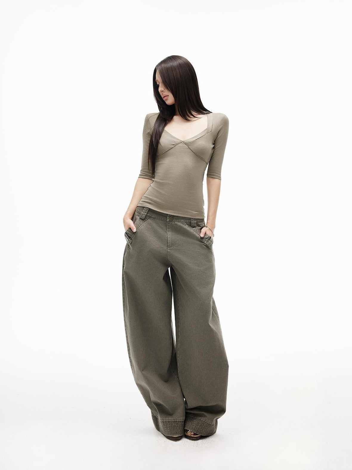 iamxiaa Washed Embroidered Low Waist Pure Cotton Women&