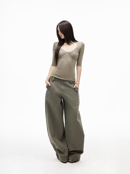 iamxiaa Washed Embroidered Low Waist Pure Cotton Women&