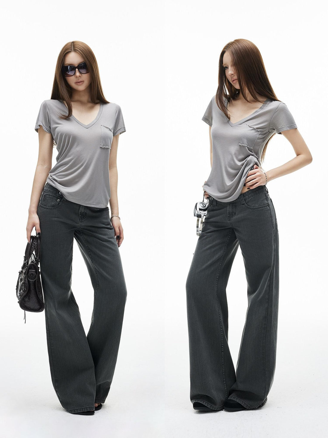 iamxiaa Washed Gray Low Rise Side Button Women&