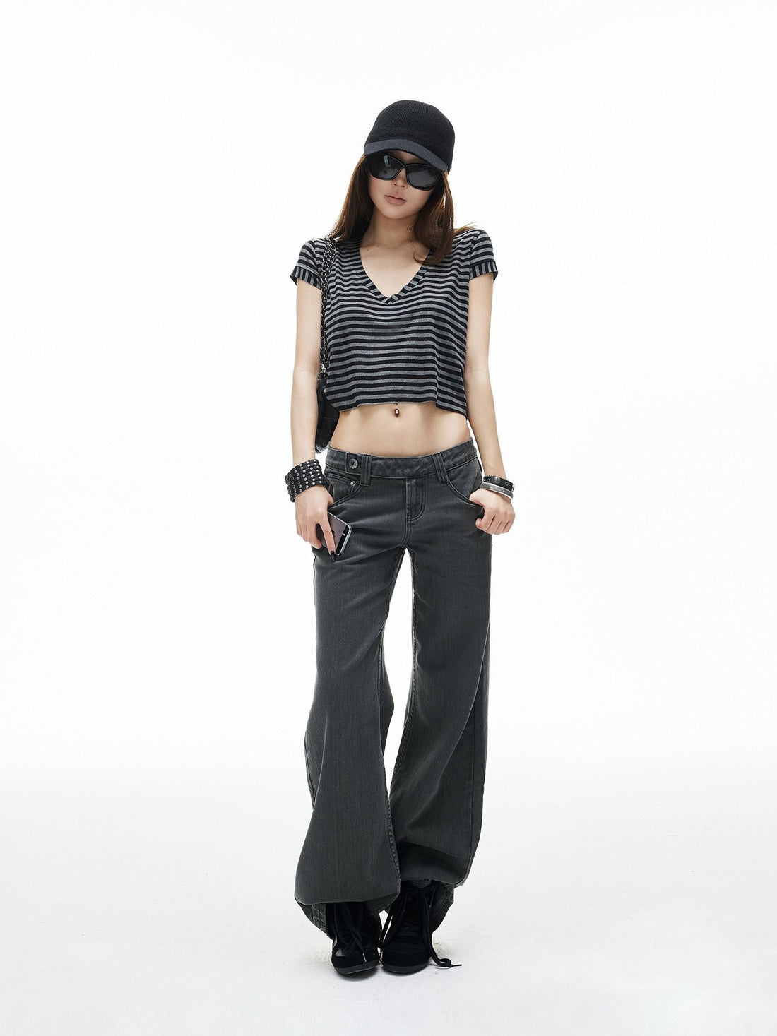 iamxiaa Washed Gray Low Rise Side Button Women&