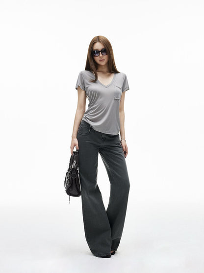 iamxiaa Washed Gray Low Rise Side Button Women&