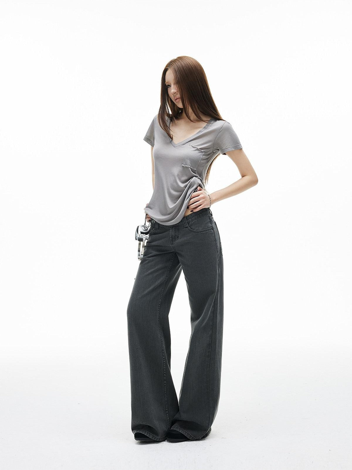 iamxiaa Washed Gray Low Rise Side Button Women&