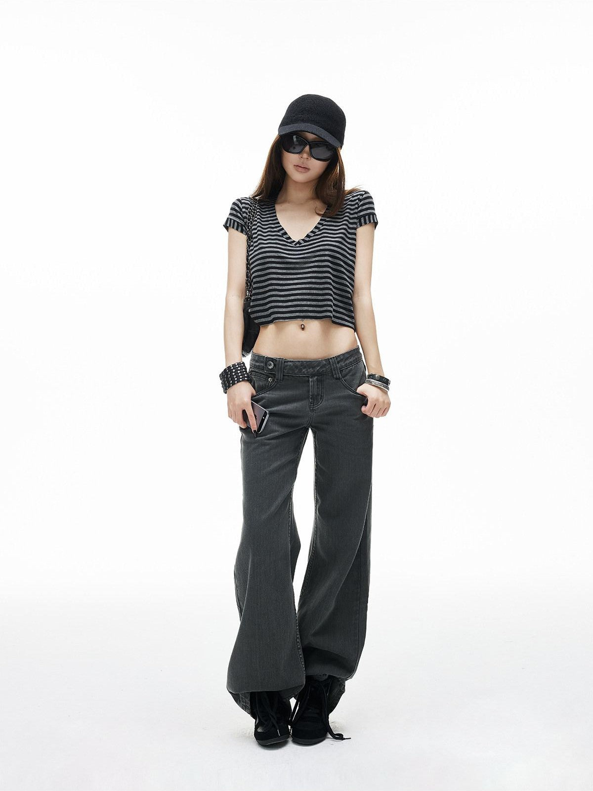 iamxiaa Washed Gray Low Rise Side Button Women&