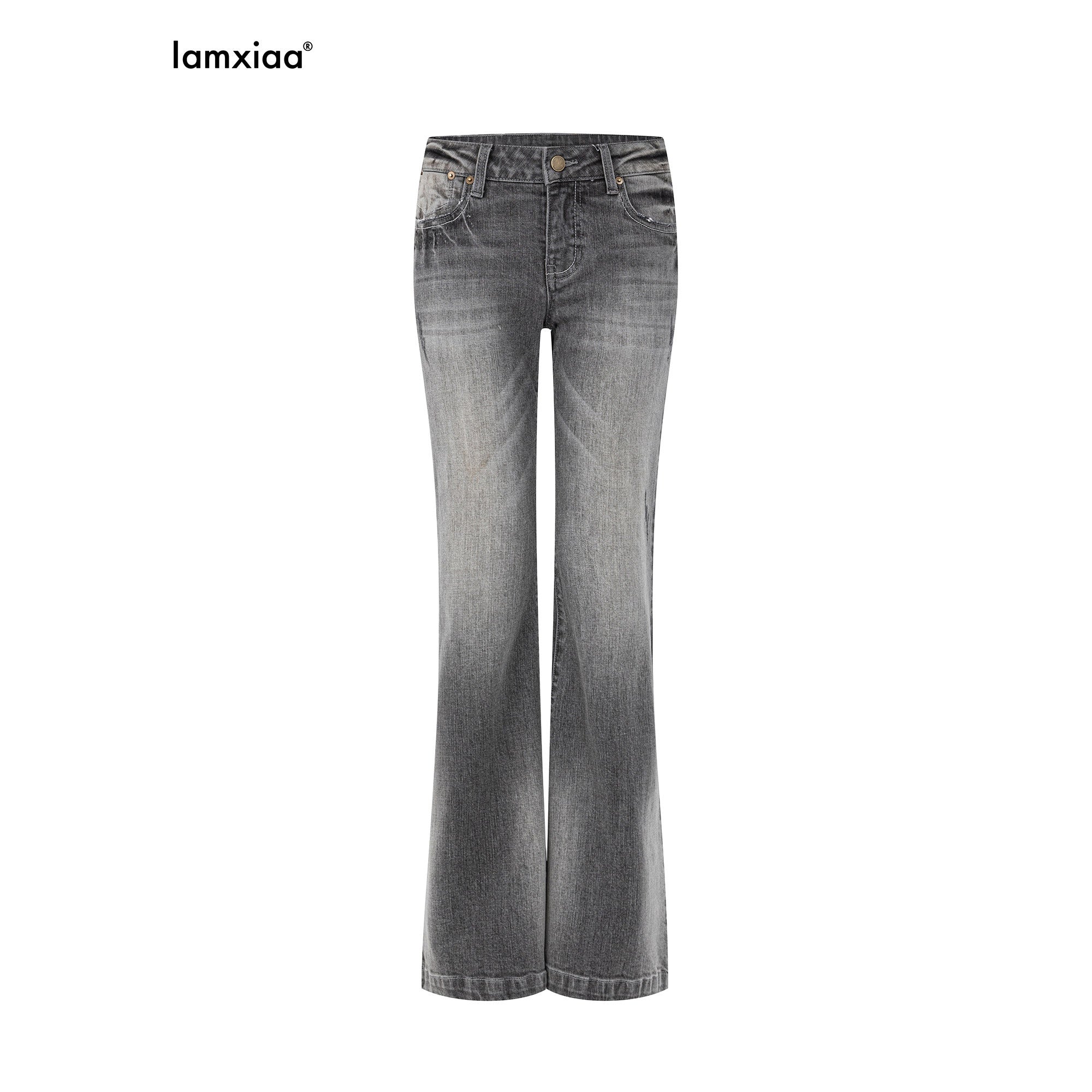 iamxiaa_Washed_Gray_Slub_Non_Stretch_Low_Rise_Micro_Flare_Women&