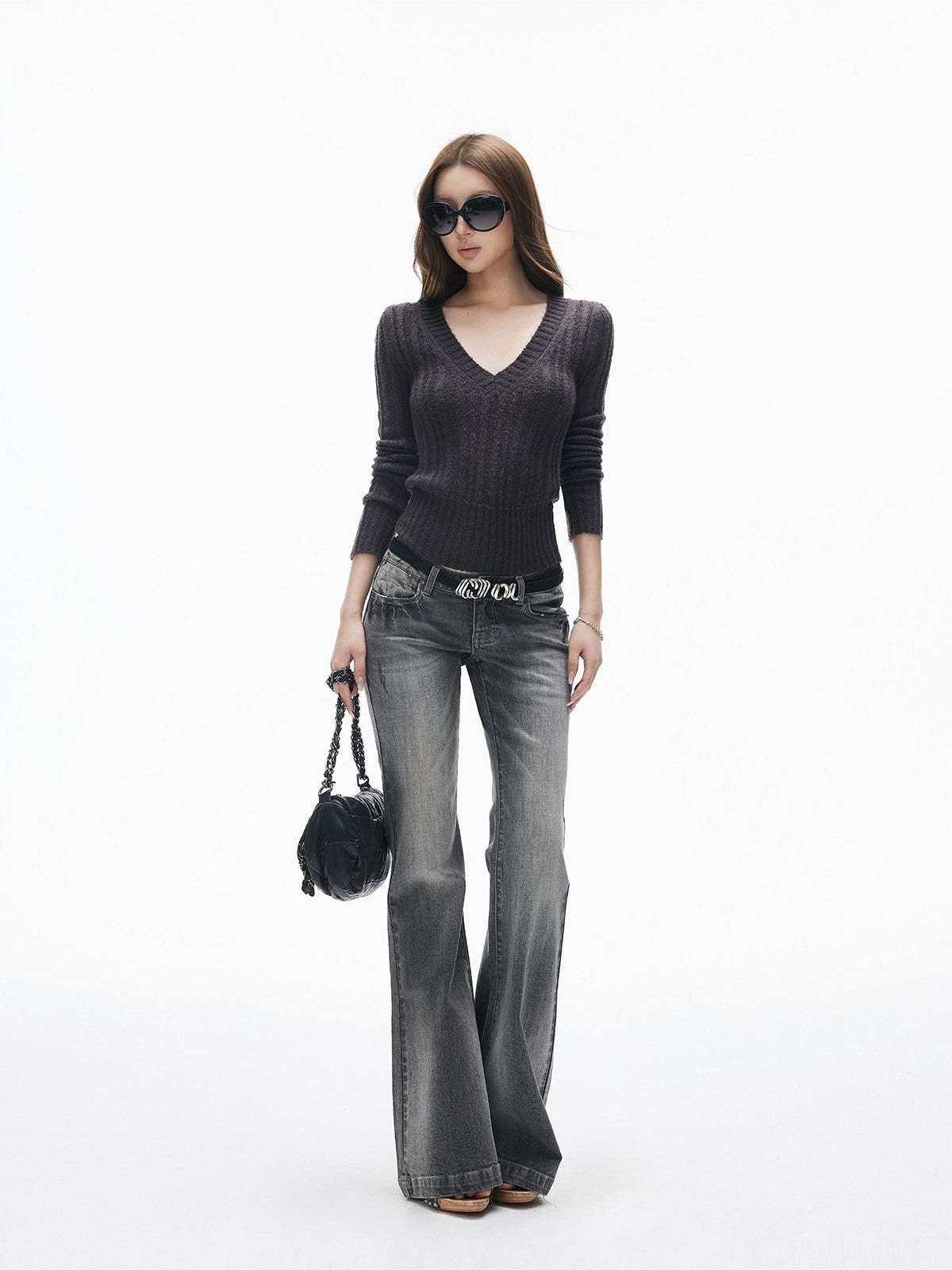 iamxiaa Washed Gray Slub Non Stretch Low Rise Micro Flare Women&