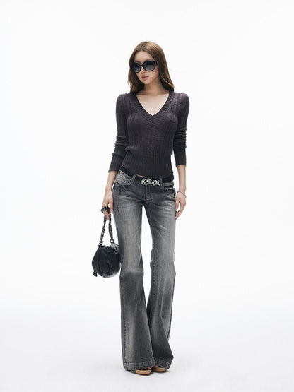iamxiaa Washed Gray Slub Non Stretch Low Rise Micro Flare Women&