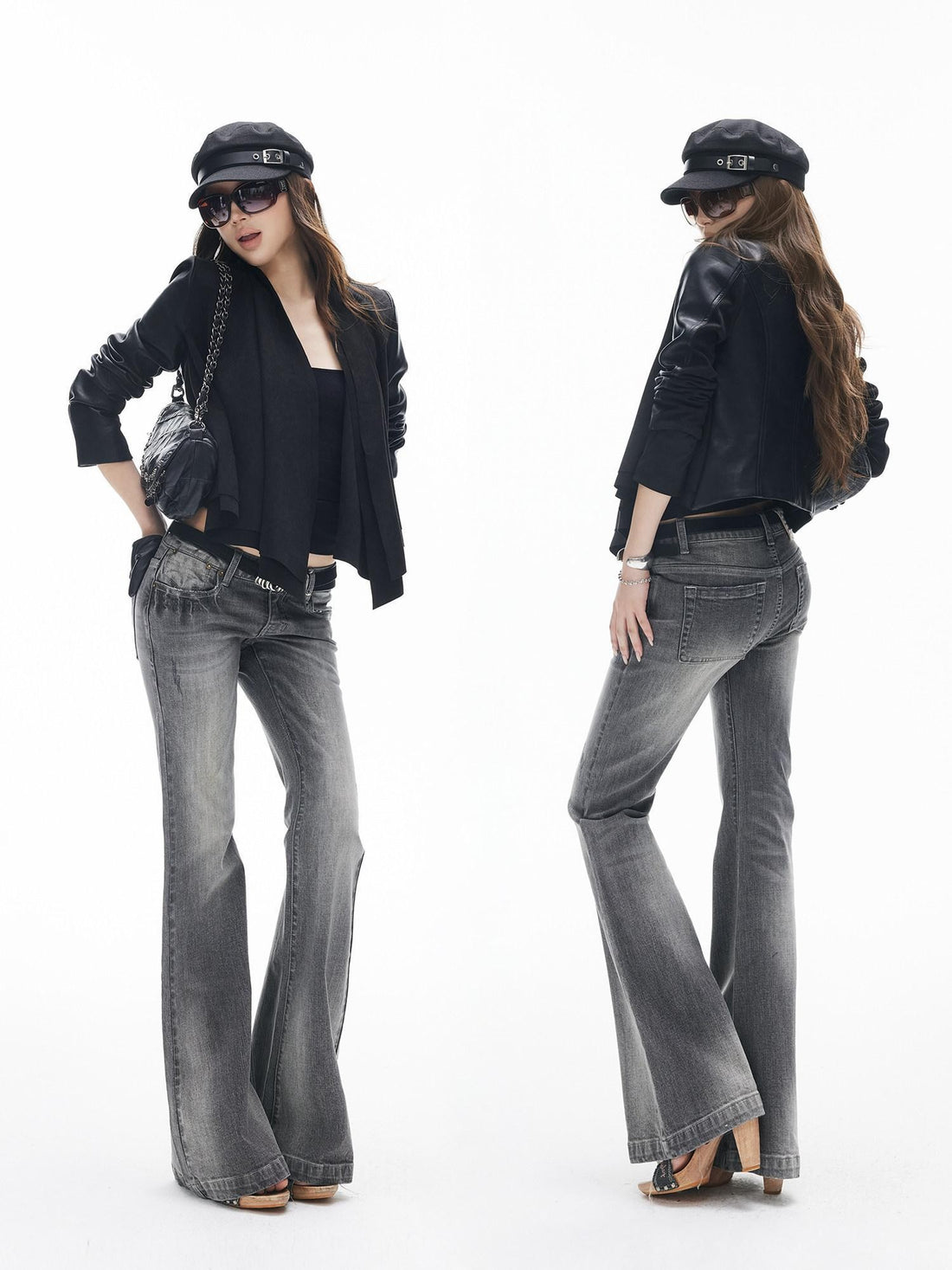 iamxiaa Washed Gray Slub Non Stretch Low Rise Micro Flare Women&