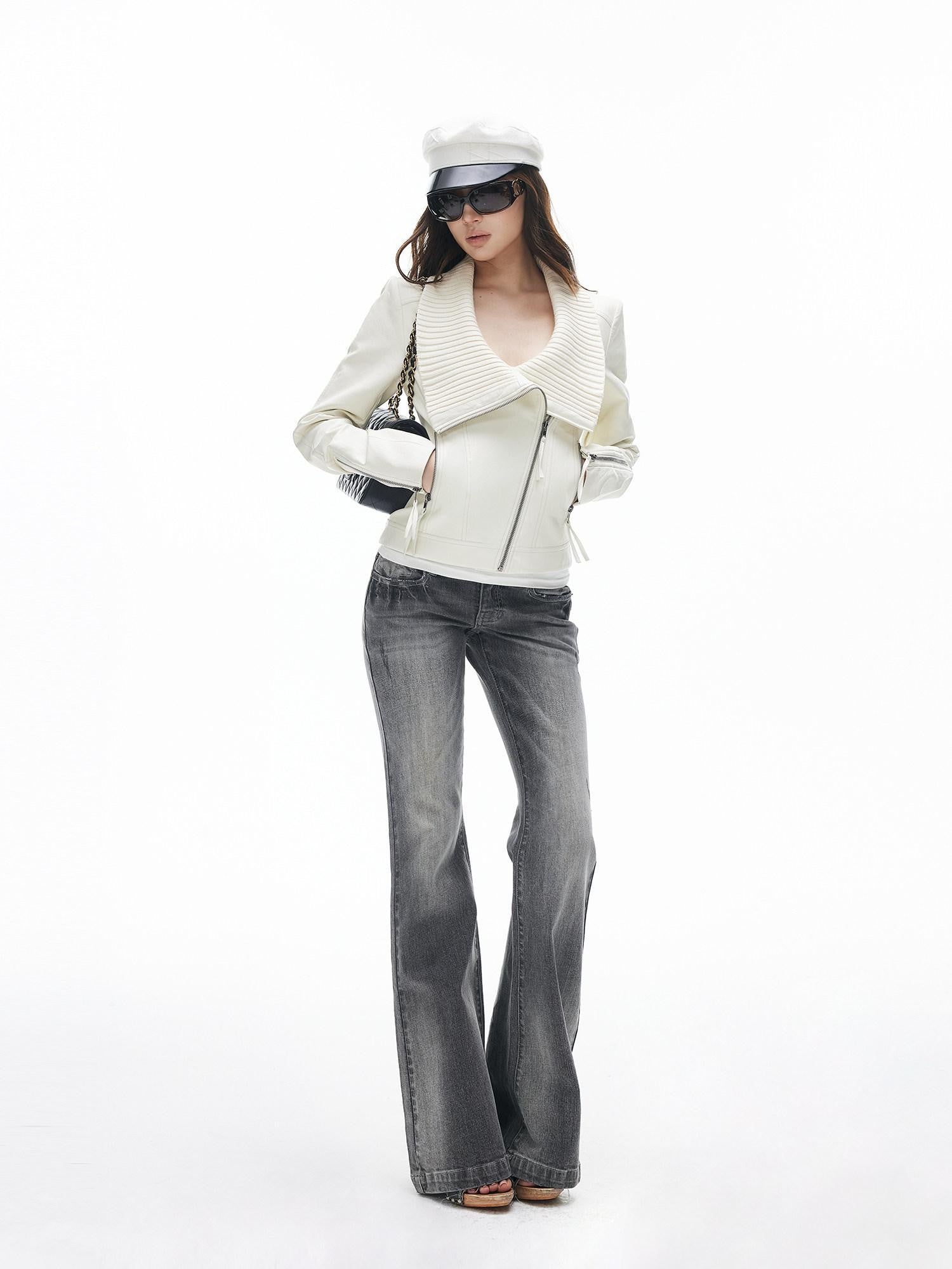 iamxiaa Washed Gray Slub Non Stretch Low Rise Micro Flare Women&