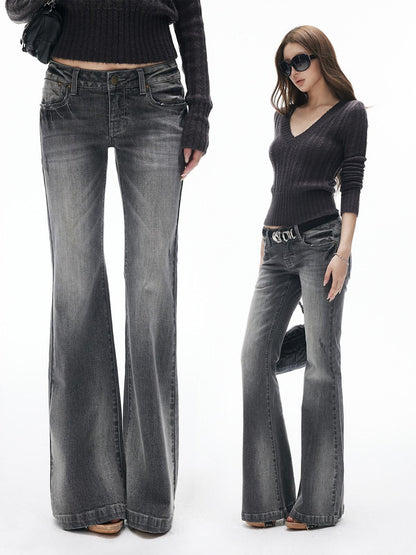 iamxiaa Washed Gray Slub Non Stretch Low Rise Micro Flare Women&