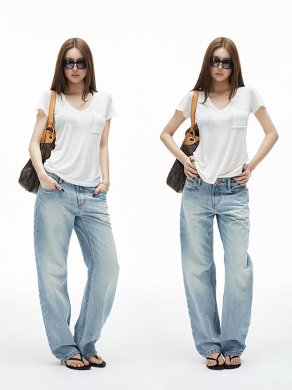 iamxiaa Washed Light Blue Low Rise Frayed Hem Women&