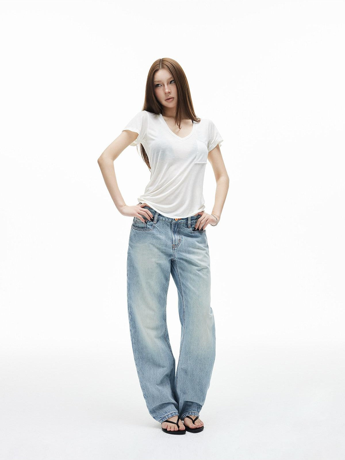 iamxiaa Washed Light Blue Low Rise Frayed Hem Women&