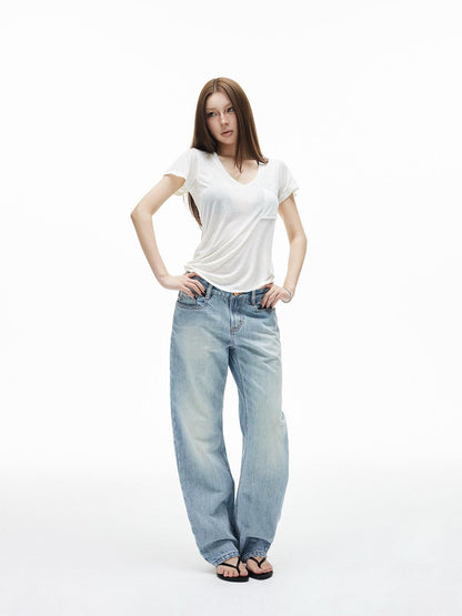 iamxiaa Washed Light Blue Low Rise Frayed Hem Women&