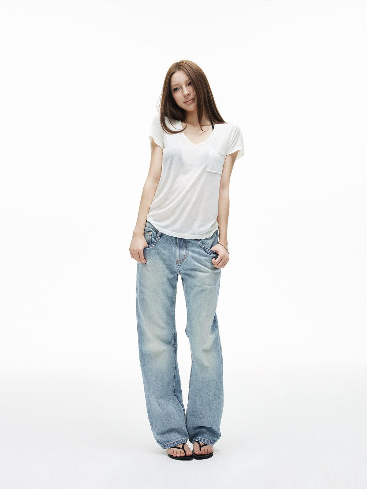 iamxiaa Washed Light Blue Low Rise Frayed Hem Women&
