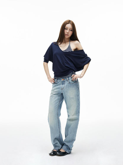 iamxiaa Washed Light Blue Low Rise Frayed Hem Women&