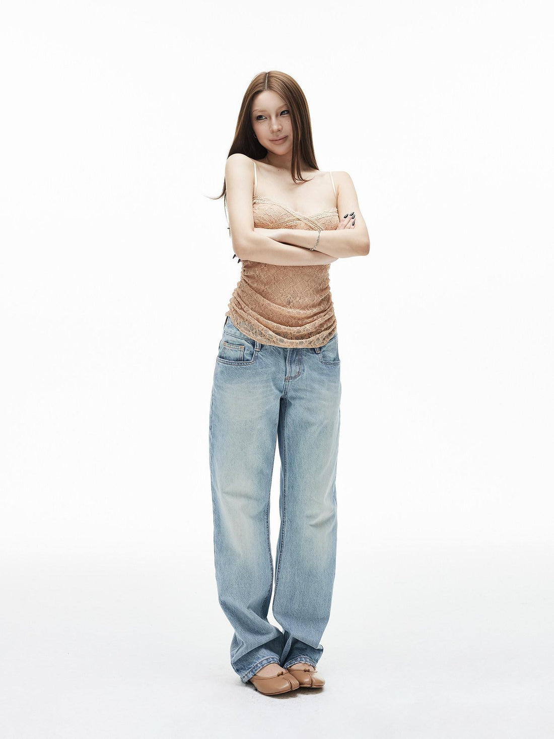 iamxiaa Washed Light Blue Low Rise Frayed Hem Women&