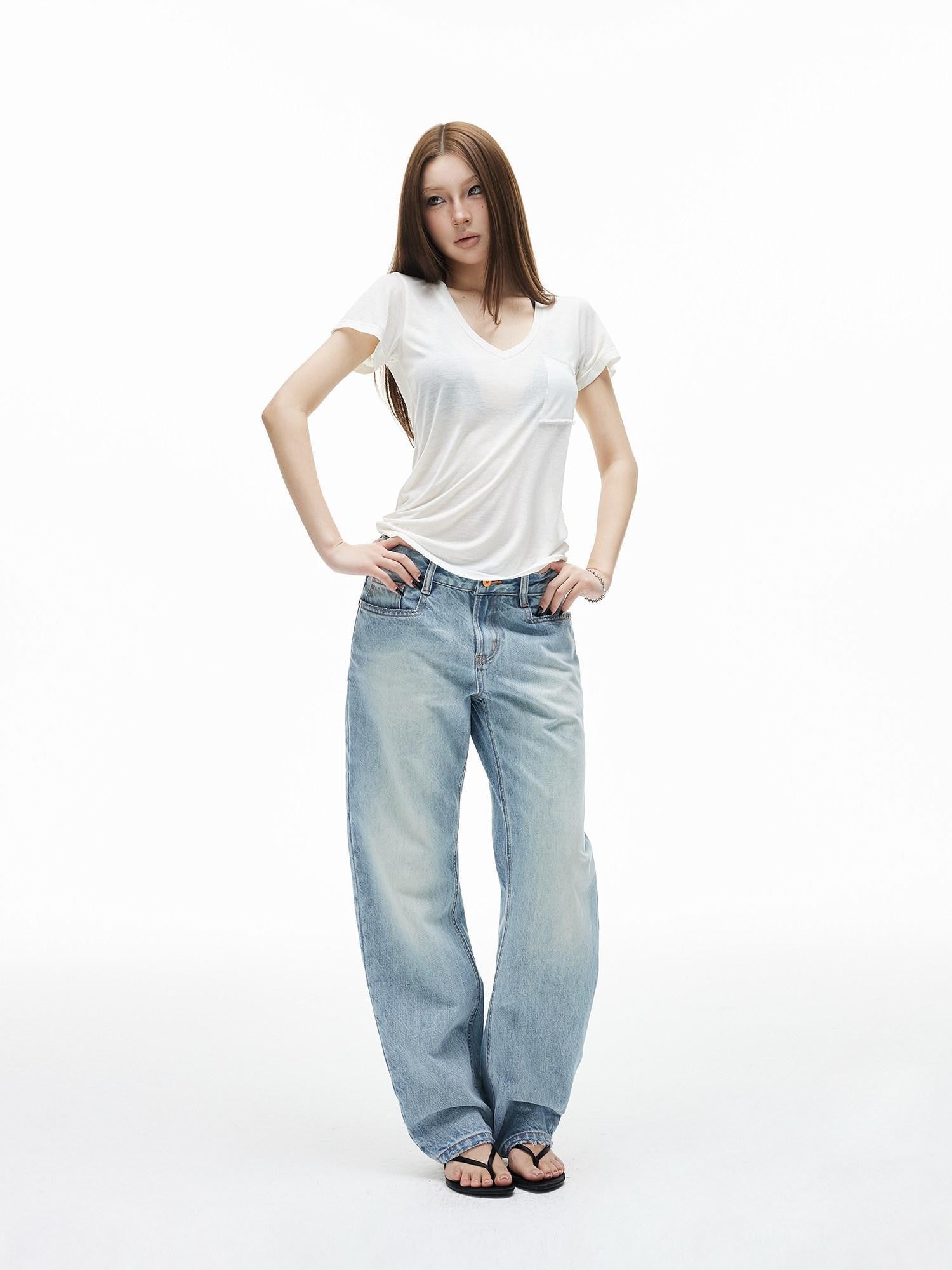 iamxiaa Washed Light Blue Low Rise Frayed Hem Women&