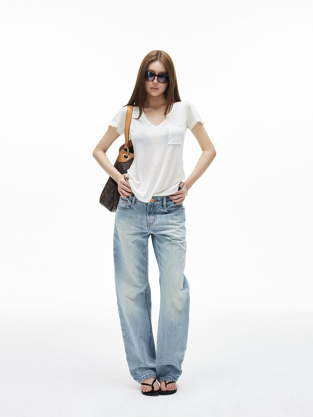 iamxiaa Washed Light Blue Low Rise Frayed Hem Women&