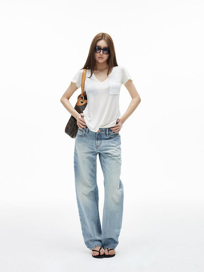 iamxiaa Washed Light Blue Low Rise Frayed Hem Women&