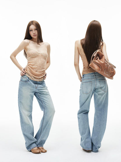 iamxiaa Washed Light Blue Low Rise Frayed Hem Women&