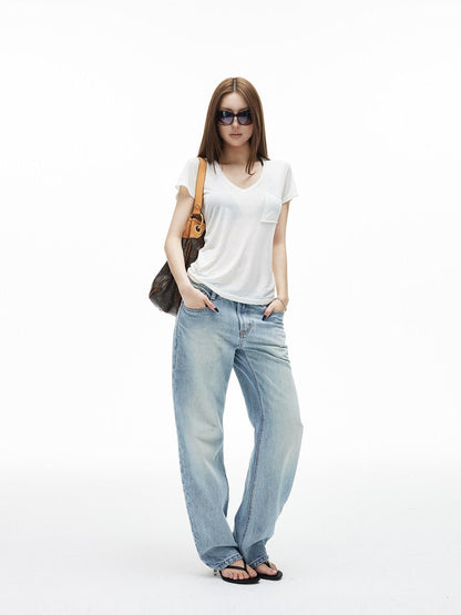 iamxiaa Washed Light Blue Low Rise Frayed Hem Women&