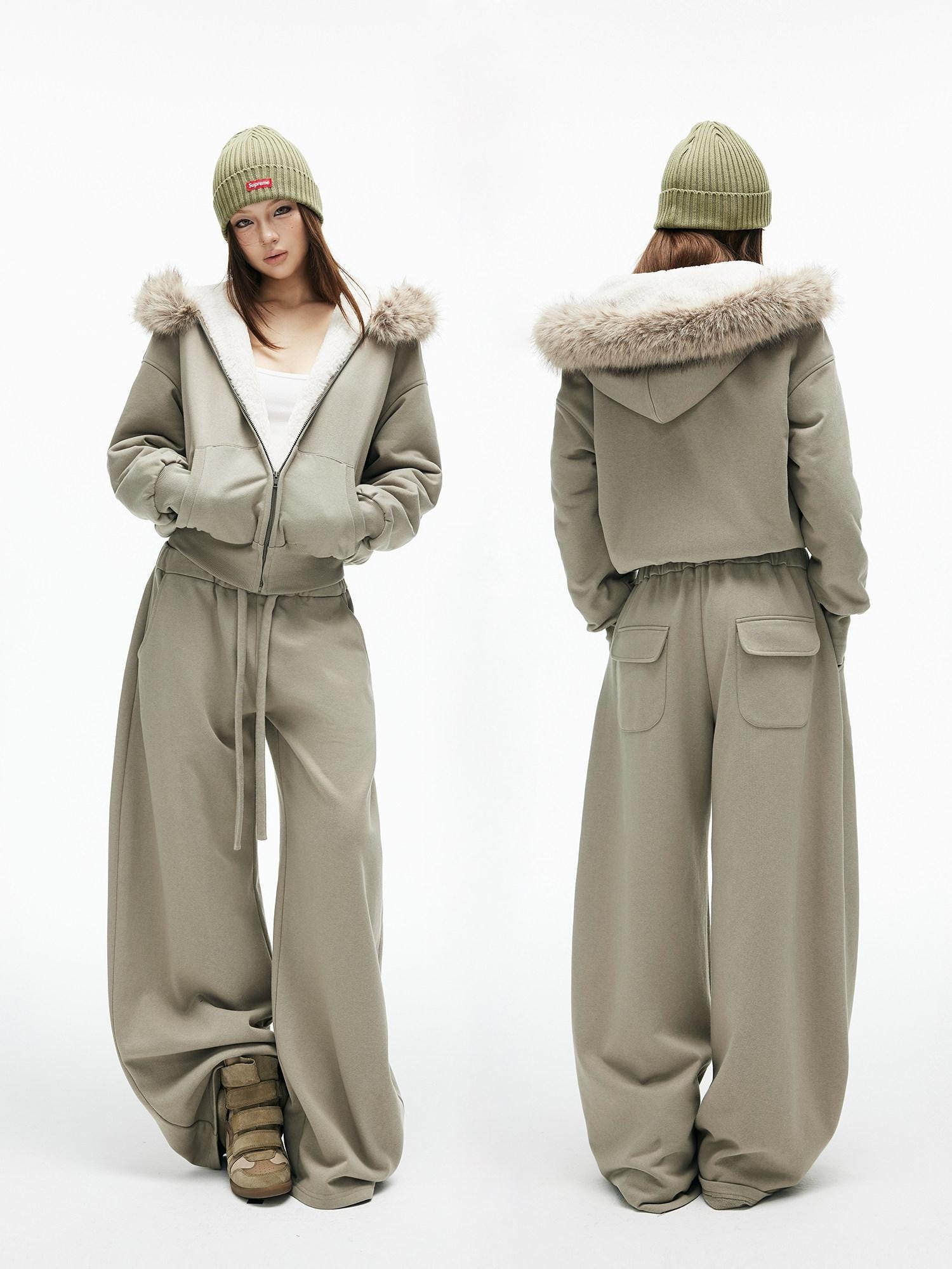 iamxiaa Washed Pea Green Garment Dyed Eco Fur Collar Fleece Women&