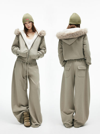 iamxiaa Washed Pea Green Garment Dyed Eco Fur Collar Fleece Women&