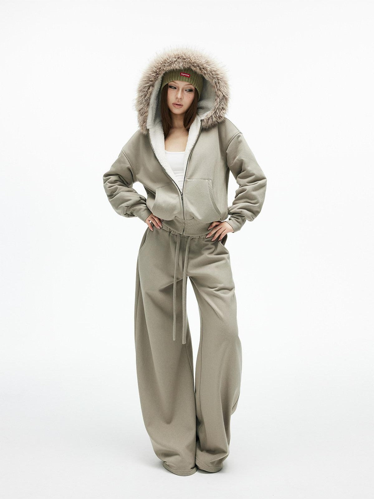 iamxiaa Washed Pea Green Garment Dyed Eco Fur Collar Fleece Women&