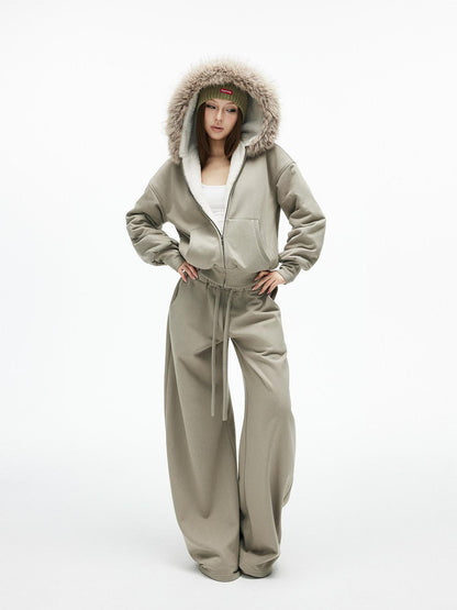 iamxiaa Washed Pea Green Garment Dyed Eco Fur Collar Fleece Women&