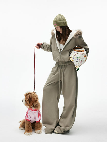 iamxiaa Washed Pea Green Garment Dyed Eco Fur Collar Fleece Women&