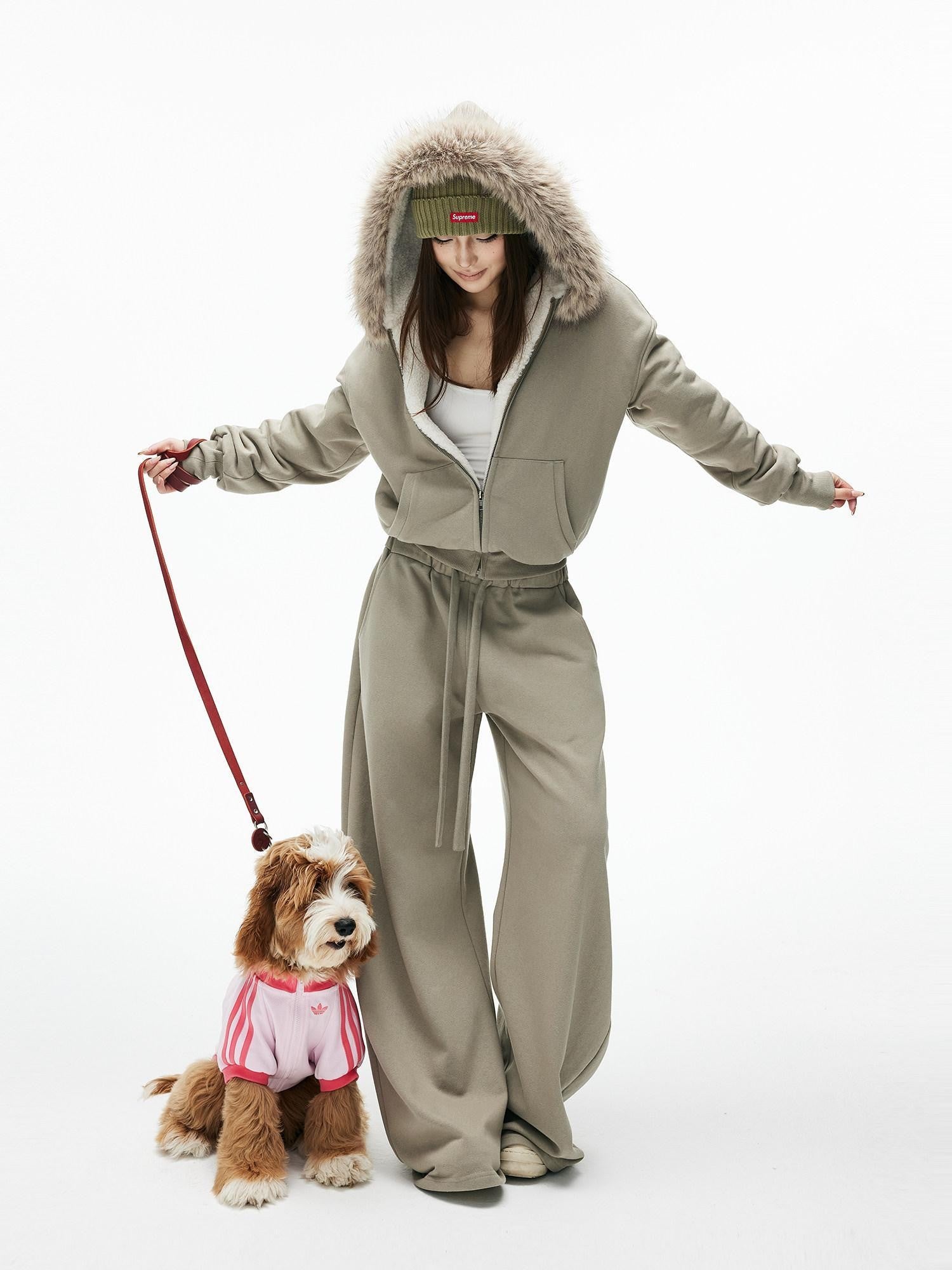 iamxiaa Washed Pea Green Garment Dyed Eco Fur Collar Fleece Women&