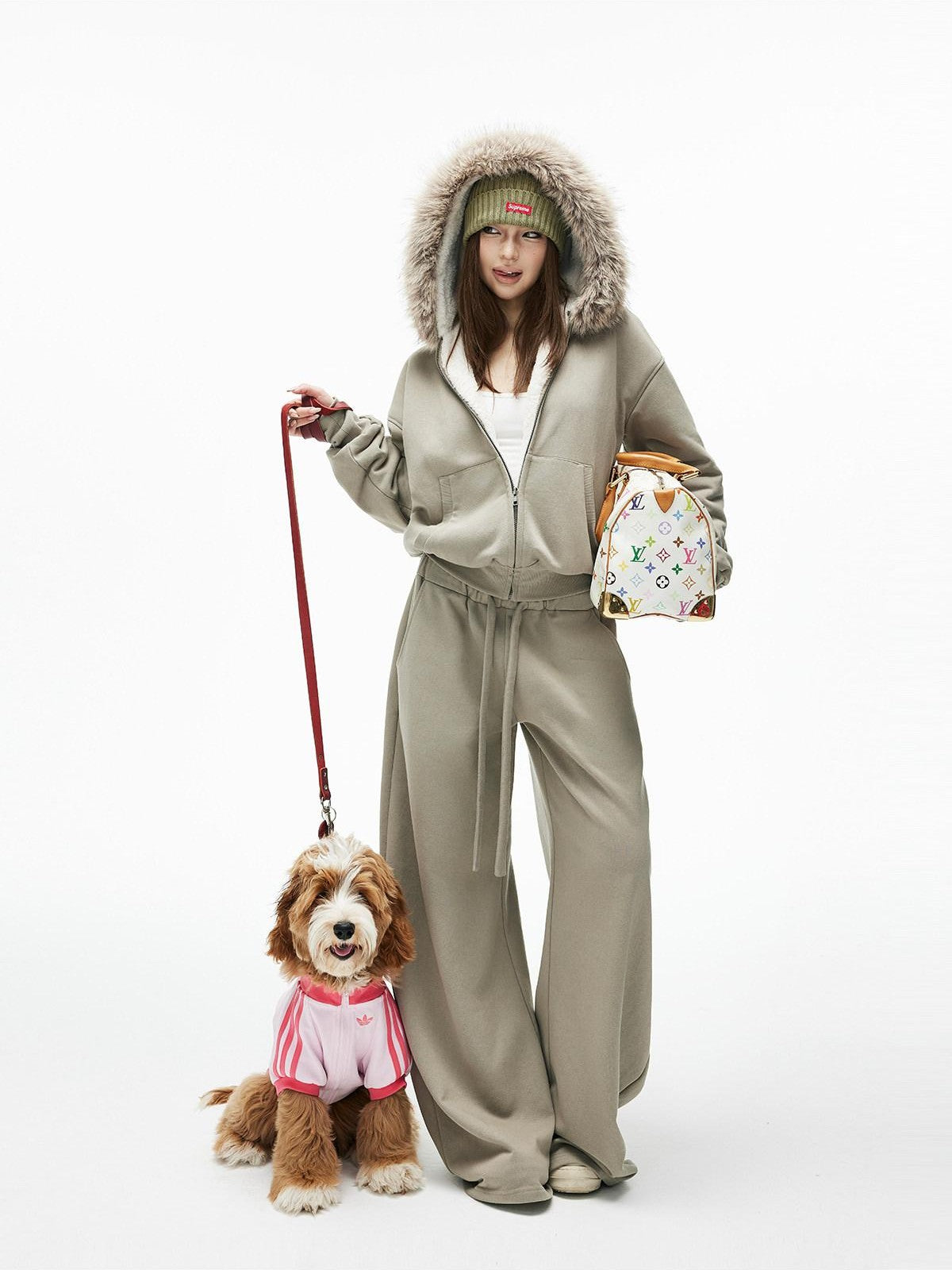 iamxiaa Washed Pea Green Garment Dyed Eco Fur Collar Fleece Women&