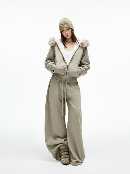 iamxiaa Washed Pea Green Garment Dyed Eco Fur Collar Fleece Women&