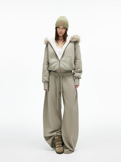 iamxiaa Washed Pea Green Garment Dyed Eco Fur Collar Fleece Women&