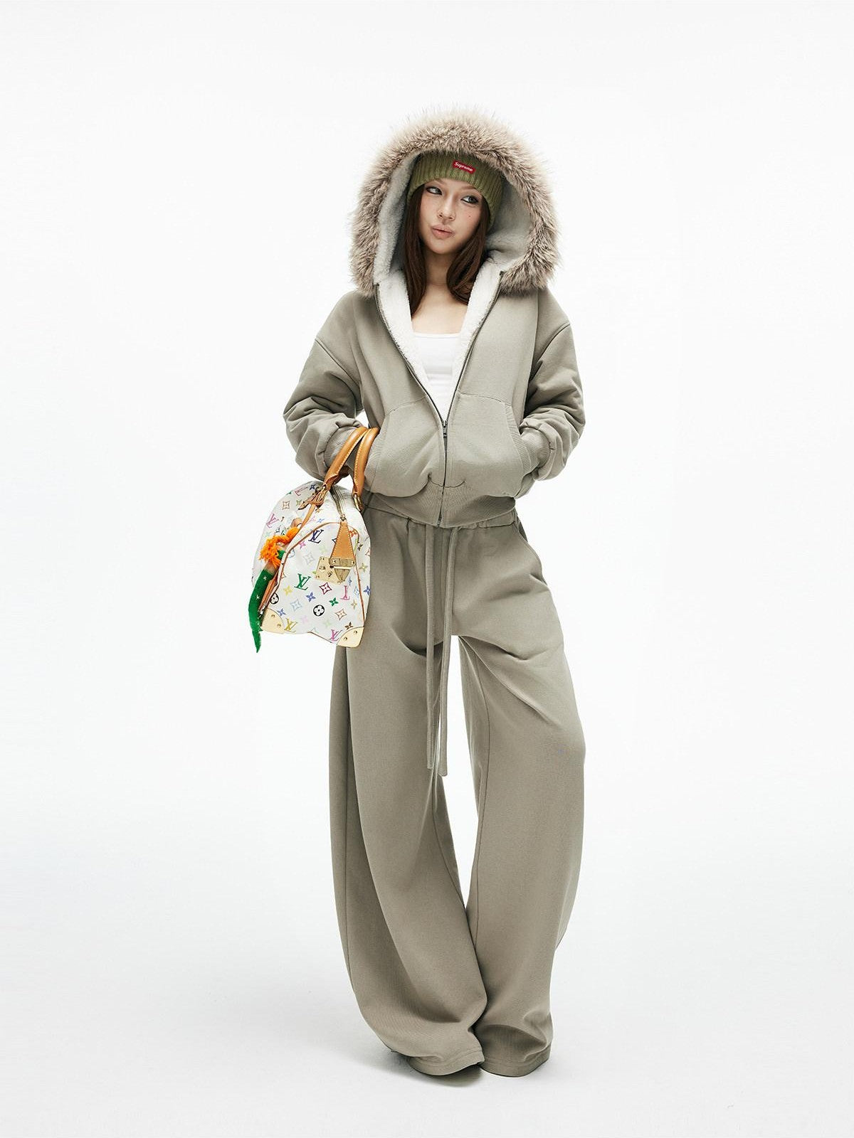 iamxiaa Washed Pea Green Garment Dyed Eco Fur Collar Fleece Women&