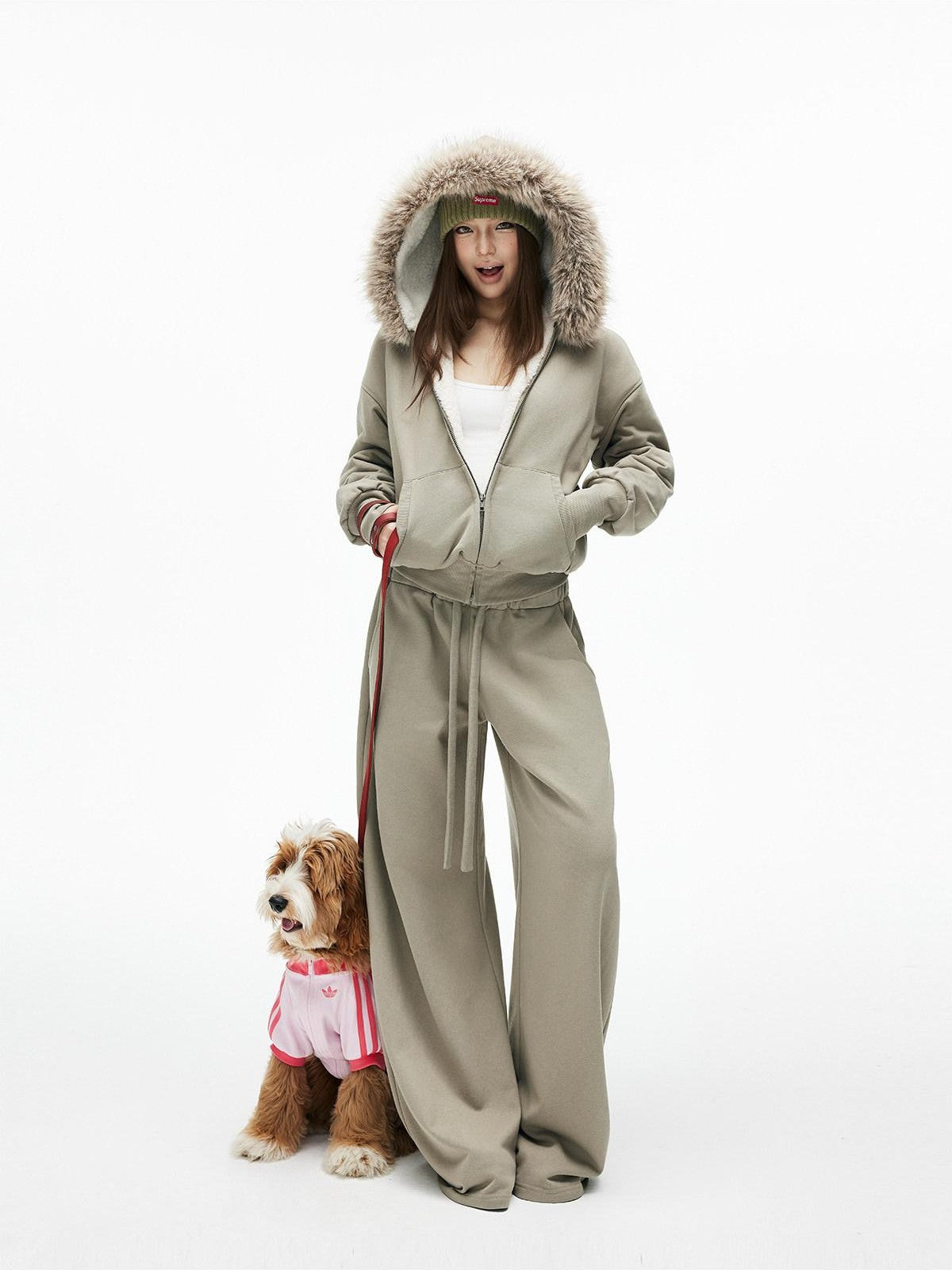 iamxiaa Washed Pea Green Garment Dyed Eco Fur Collar Fleece Women&