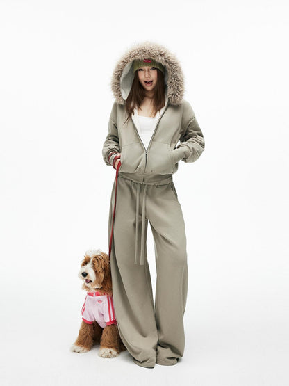 iamxiaa Washed Pea Green Garment Dyed Eco Fur Collar Fleece Women&