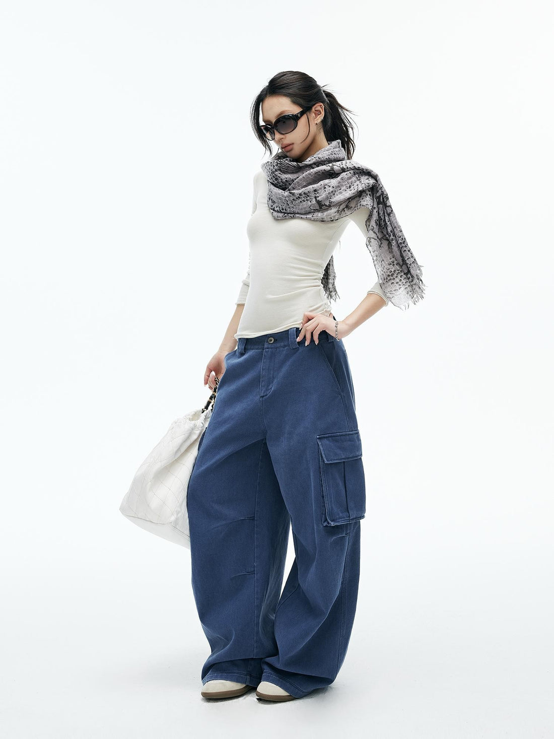 iamxiaa Washed Prussian Blue 3d Pocket Low Rise Wide Leg Women&