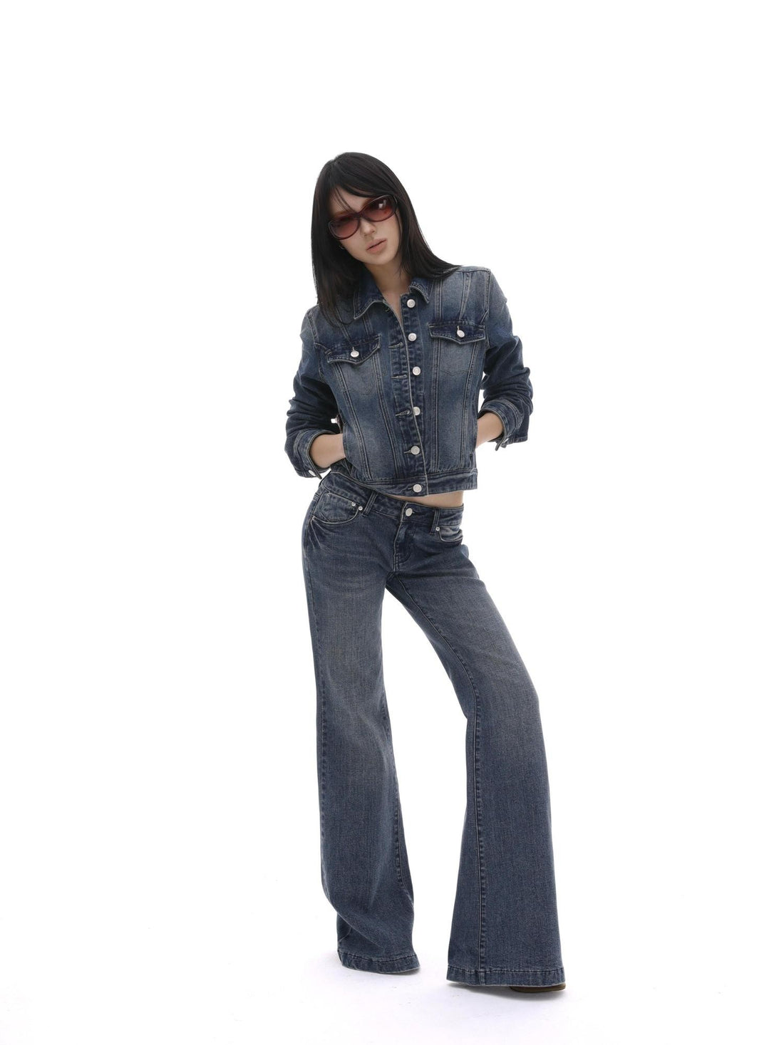 iamxiaa Washed Short Jacket Low Rise Flare Pants Women&