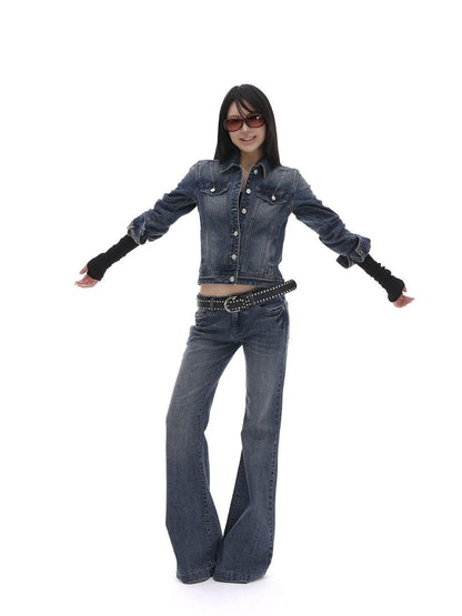 iamxiaa Washed Short Jacket Low Rise Flare Pants Women&