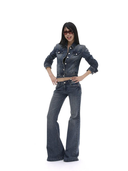 iamxiaa Washed Short Jacket Low Rise Flare Pants Women&